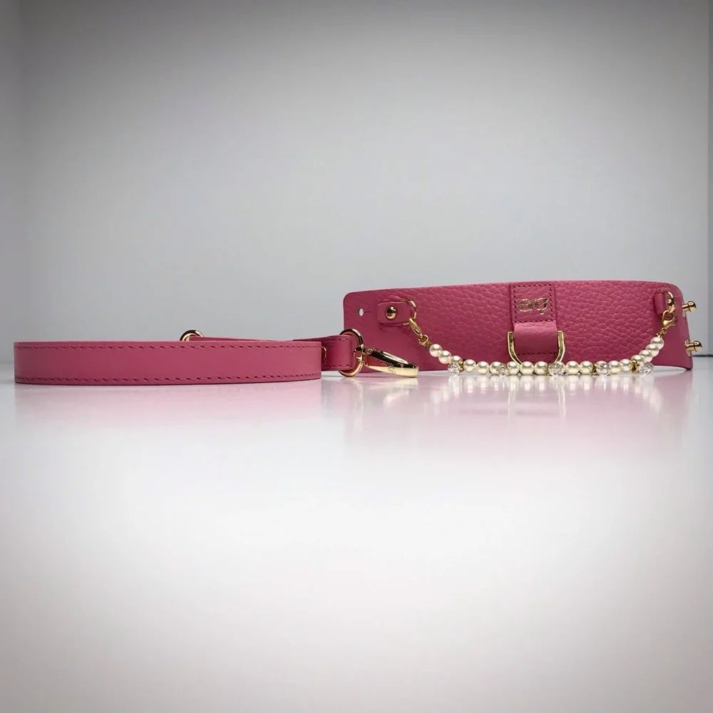 MOSHIQA Pink Leather Pearl Bracelet Dog Leash Crystal Cuff Luxury Pet Frenchie - Picture 6 of 15